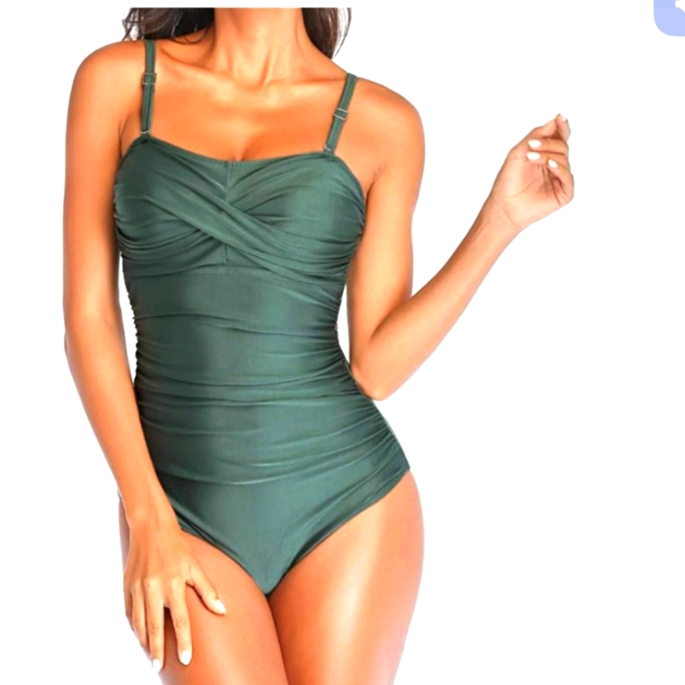 Smismivo Green RETRO Rushed ONE PIECE. Tummy Control. Plus 2X